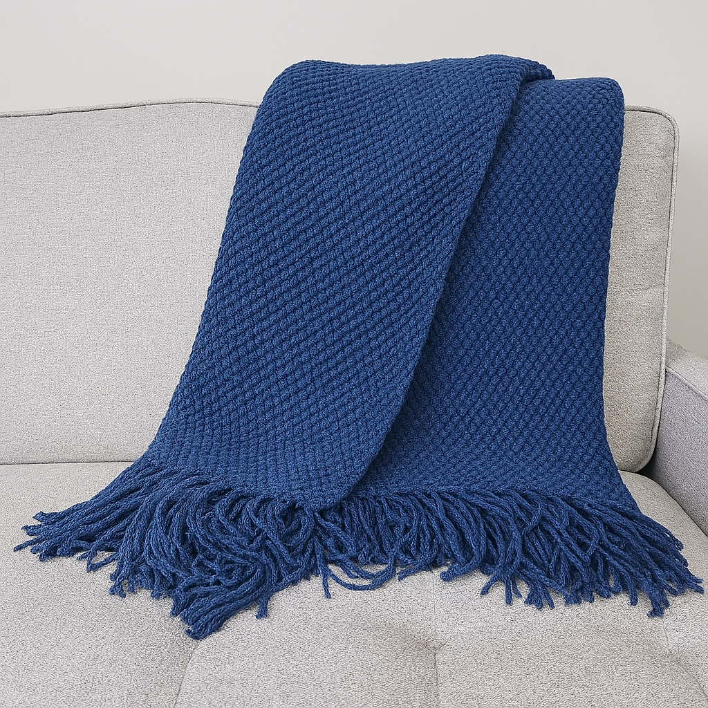 Knit Textured 50"x60" Throw Blanket with Fringe: Navy Blue