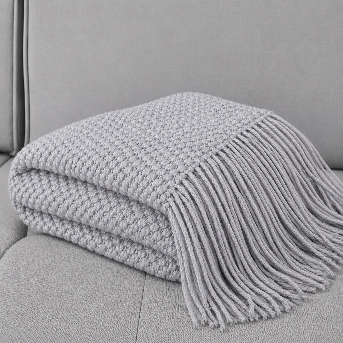 Knit Textured 50"x60" Throw Blanket with Fringe: Navy Blue