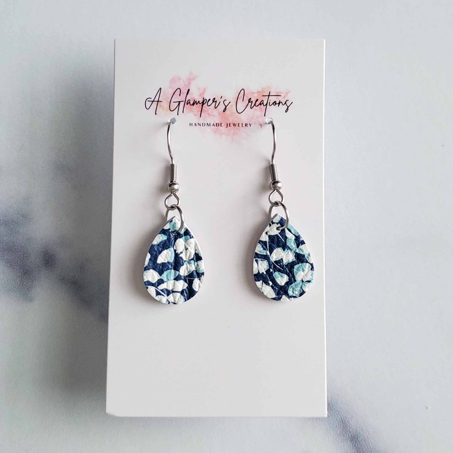 White & Blue Floral MINI Teardrop Leather Earrings