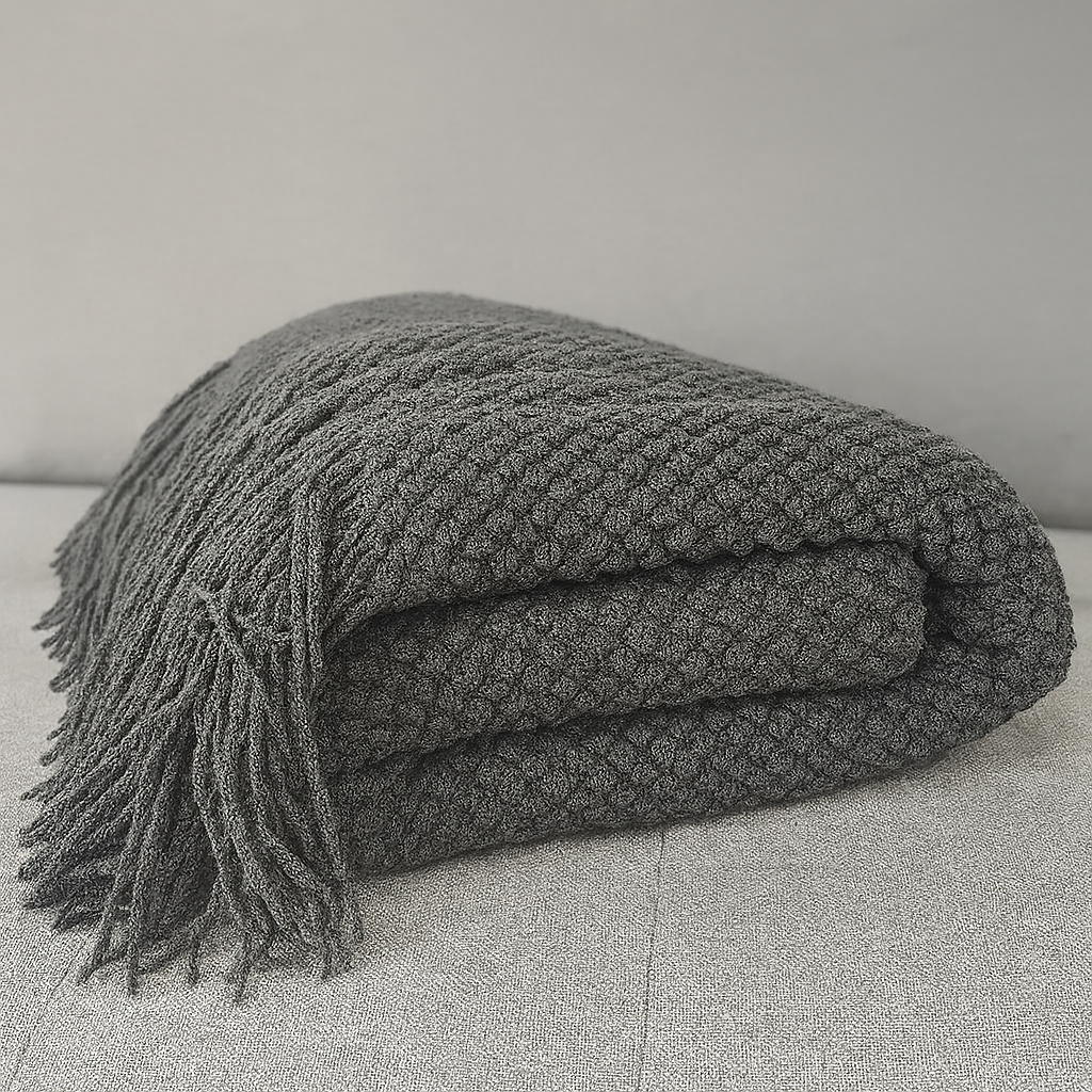 Knit Textured 50"x60" Throw Blanket with Fringe: Navy Blue