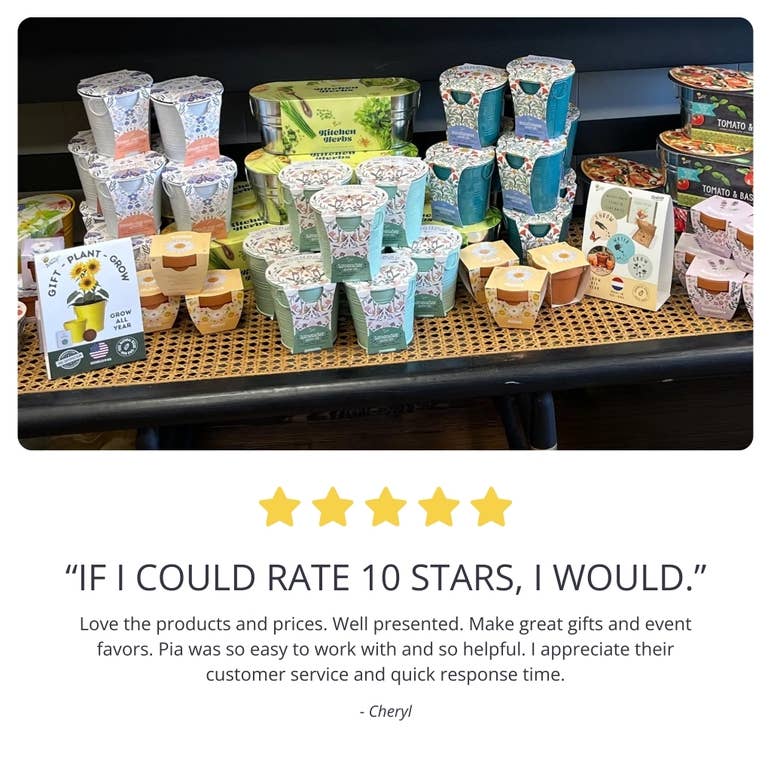 Assorted product packaging on a table with a five-star rating and customer review below.