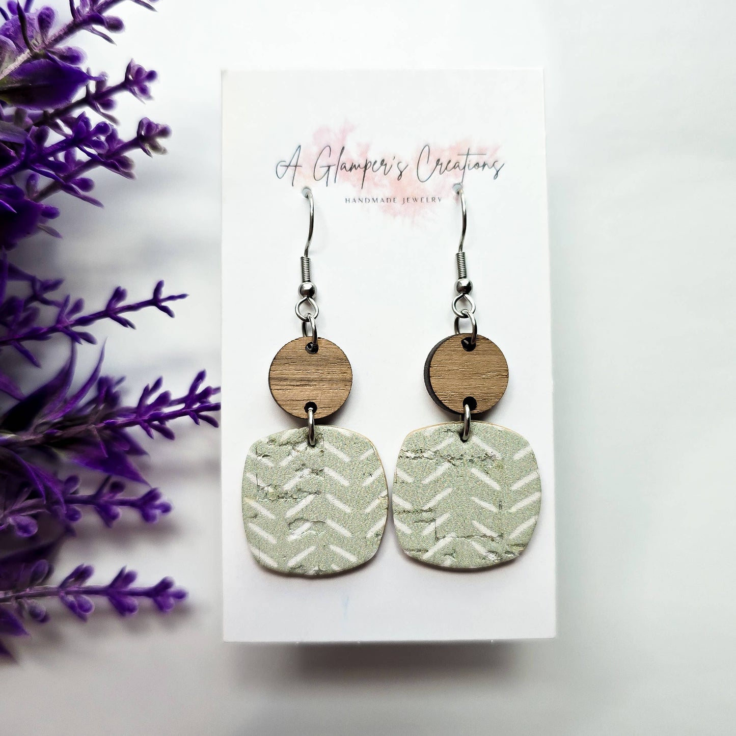 Sage Broken Chevron Dangle Wood & Leather Earrings