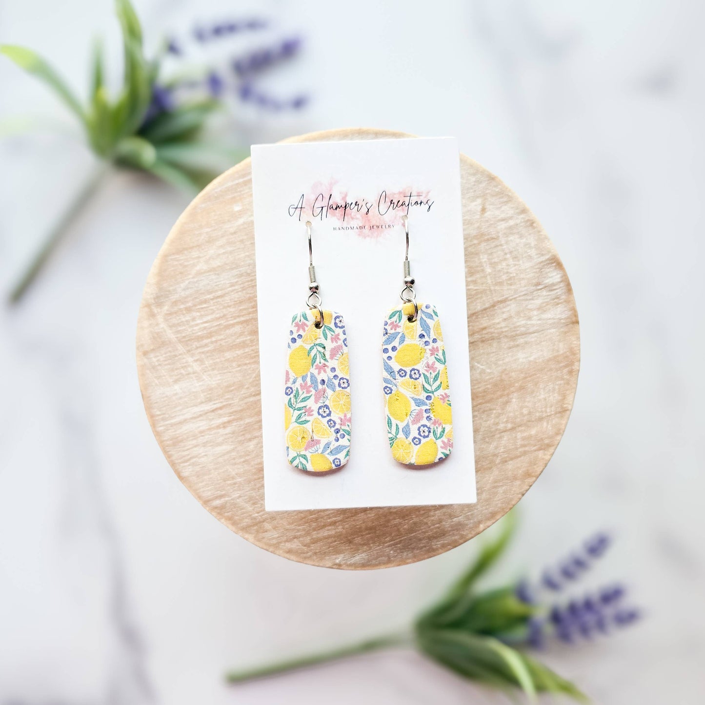 Lemons with Floral Mini Bar Leather Earrings