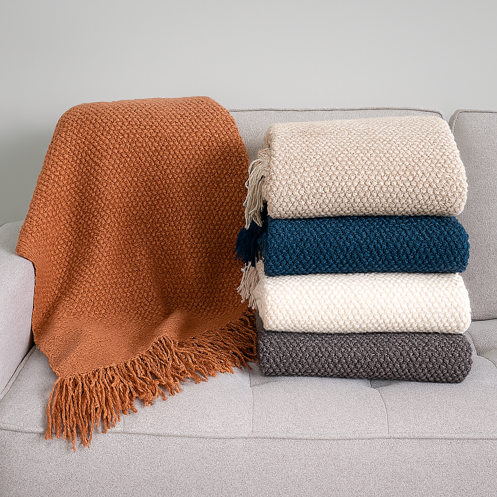 Knit Textured 50"x60" Throw Blanket with Fringe: Willow Green