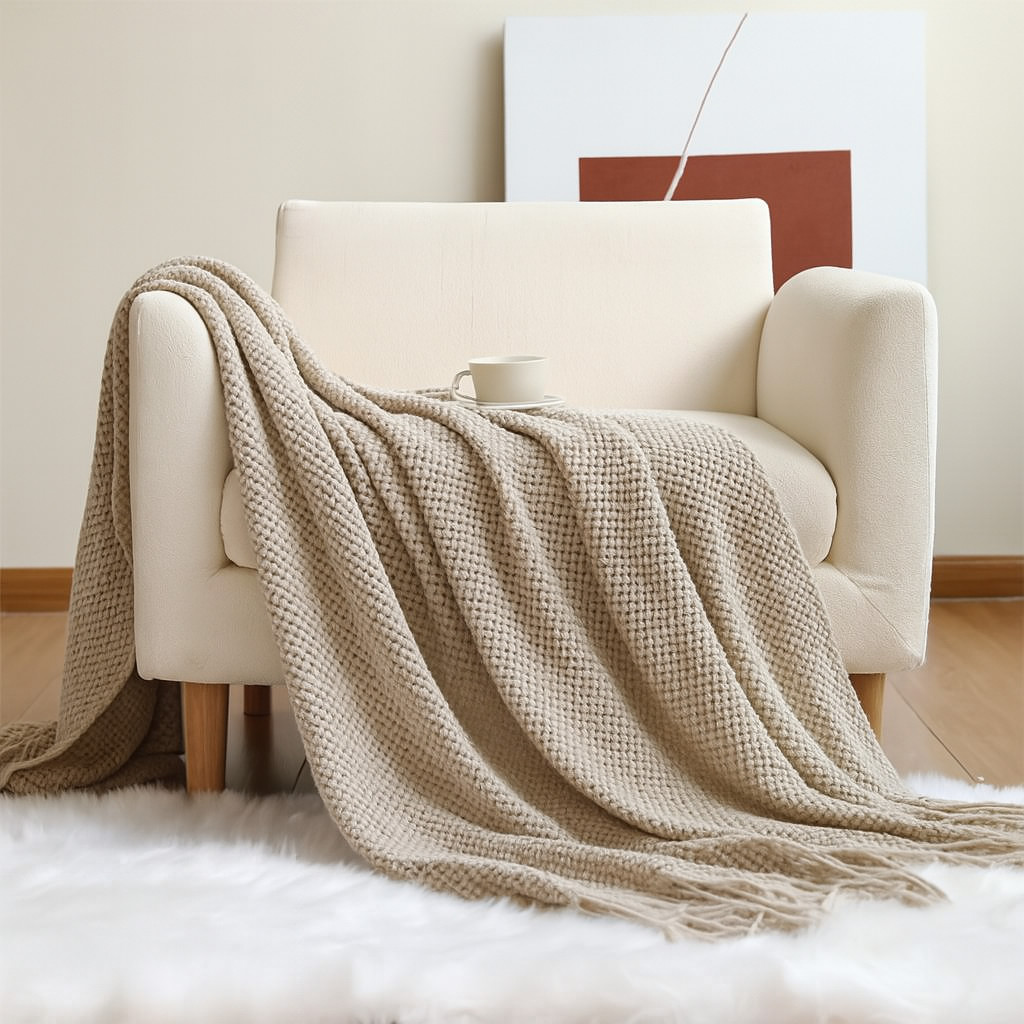 Khaki Textured Knit Throw Blanket with Fringe – 50" x 60"