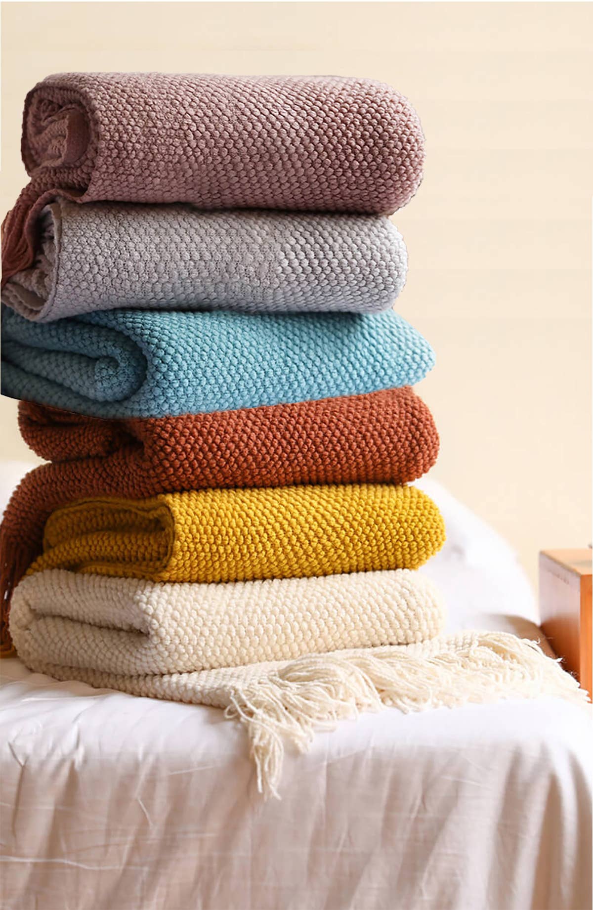 Knit Textured 50x60 Inch Throw Blanket with Fringe