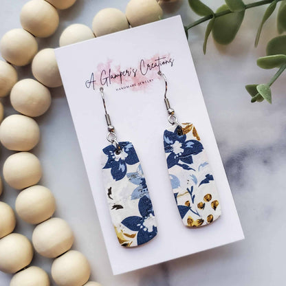 Navy & Mustard Floral Mini Bar Leather Earrings