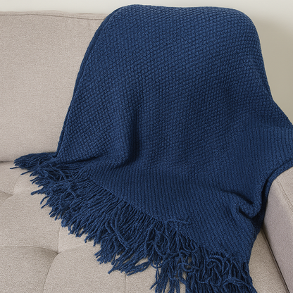 Knit Textured 50"x60" Throw Blanket with Fringe: Navy Blue