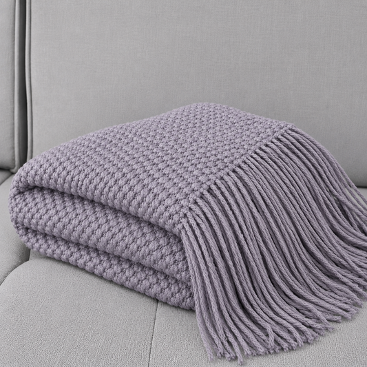 Knit Textured 50"x60" Throw Blanket with Fringe: Lilac Gray