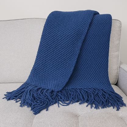 Knit Textured 50"x60" Throw Blanket with Fringe: Navy Blue