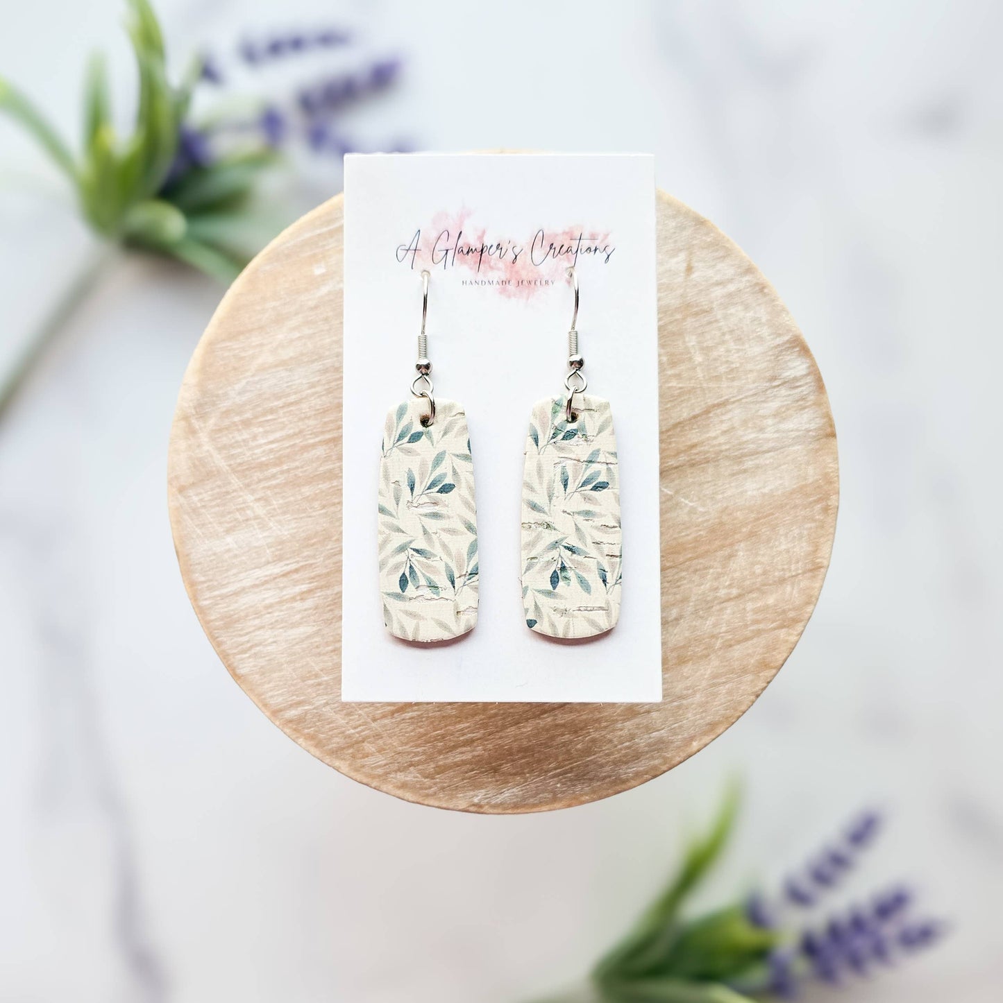 Leaves on Cream Mini Bar Leather Earrings