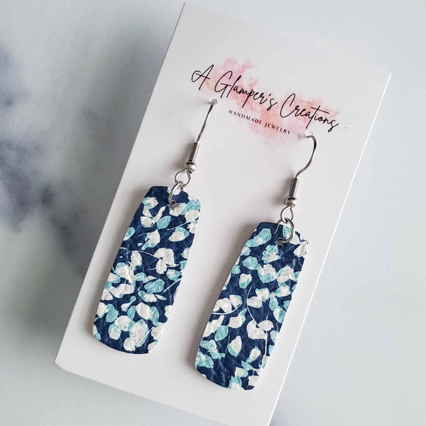 White & Blue Floral Mini Bar Leather Earrings