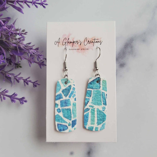 Blue Stained Glass Printed Mini Bar Leather Earrings