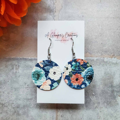 Blue Floral Circle Drops Leather Earrings