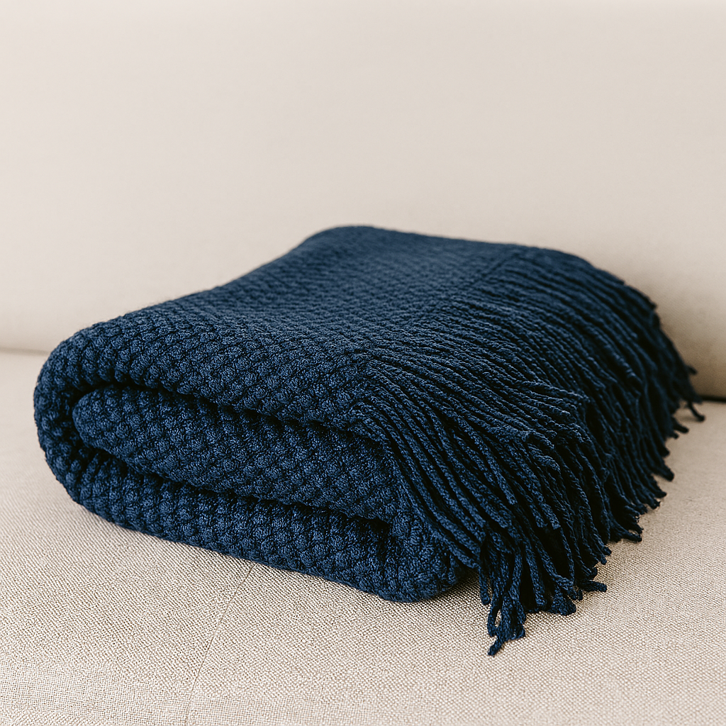 Knit Textured 50"x60" Throw Blanket with Fringe: Navy Blue