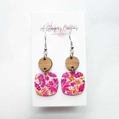 Pink & Orange Summer Floral Dangle Wood & Leather Earrings