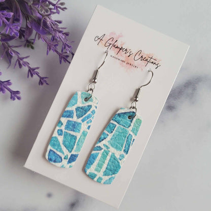 Blue Stained Glass Printed Mini Bar Leather Earrings
