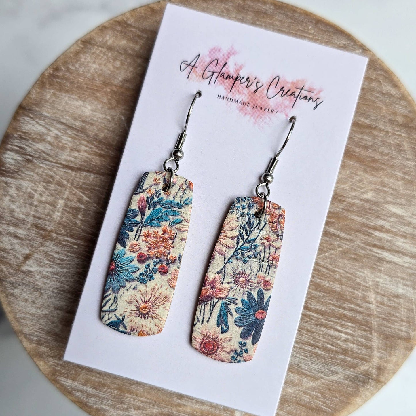 Fall Faux Embroidery Floral Mini Bar Leather Earrings