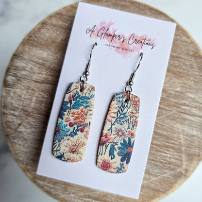 Fall Faux Embroidery Floral Mini Bar Leather Earrings
