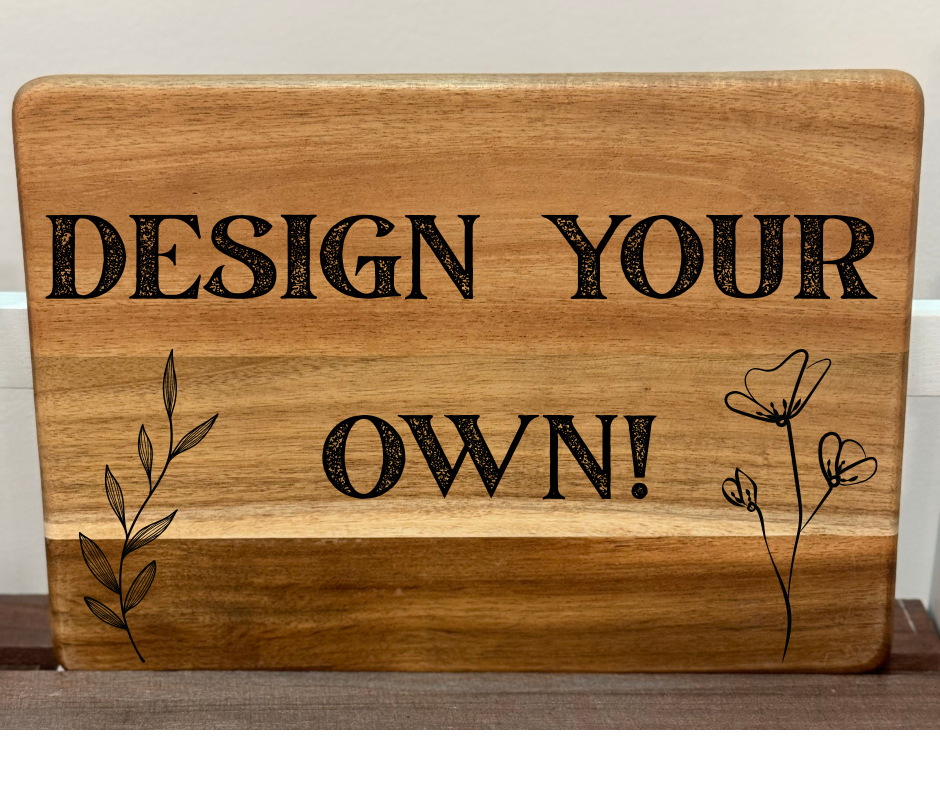 Wooden sign with 'Design Your Own!' text and floral designs on a plain background