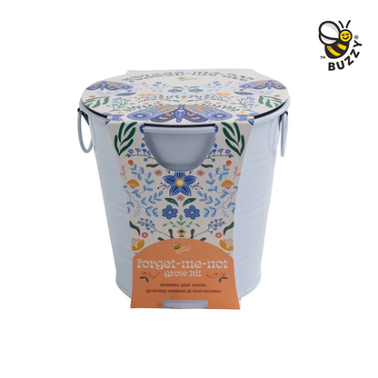 Floral-patterned seedling pot with 'Buzzy' logo on a white background