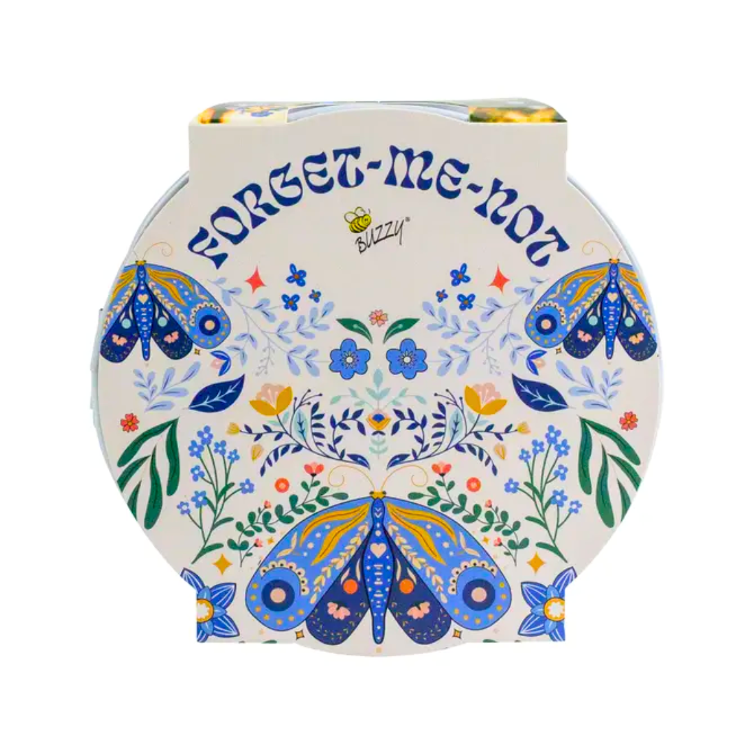 Decorative container with floral and butterfly design, featuring the text 'FORGET-ME-NOT'.