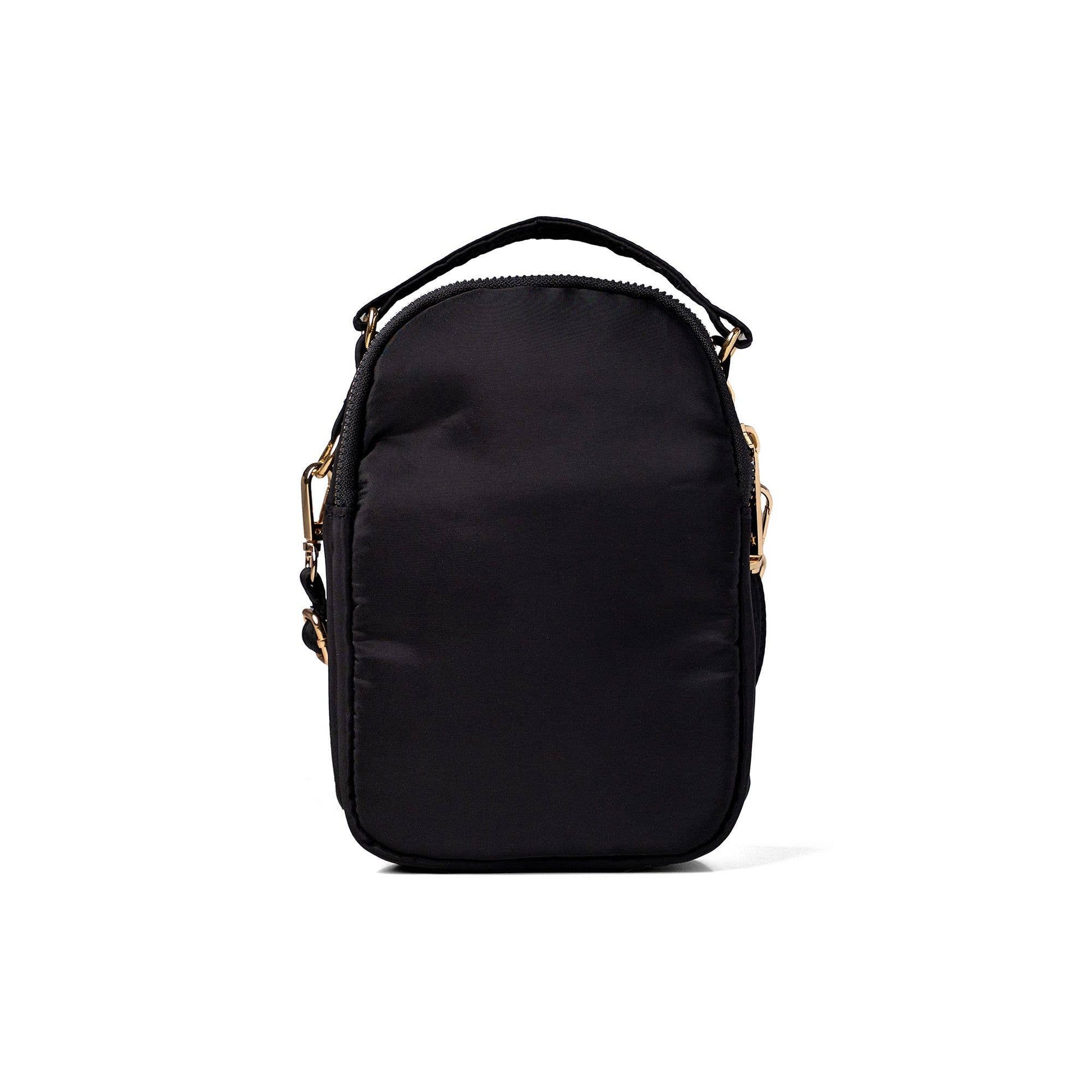 Black backpack with gold zippers on a white background