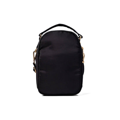 Black backpack with gold zippers on a white background