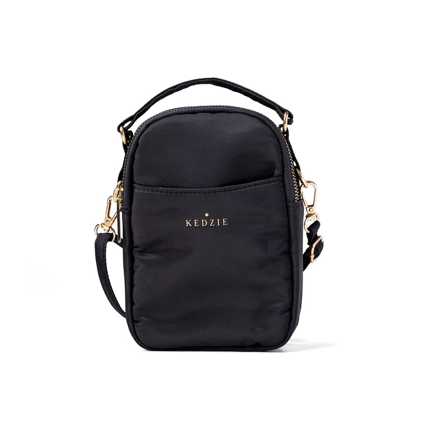 Black crossbody bag with 'KEDZIE' branding on a white background