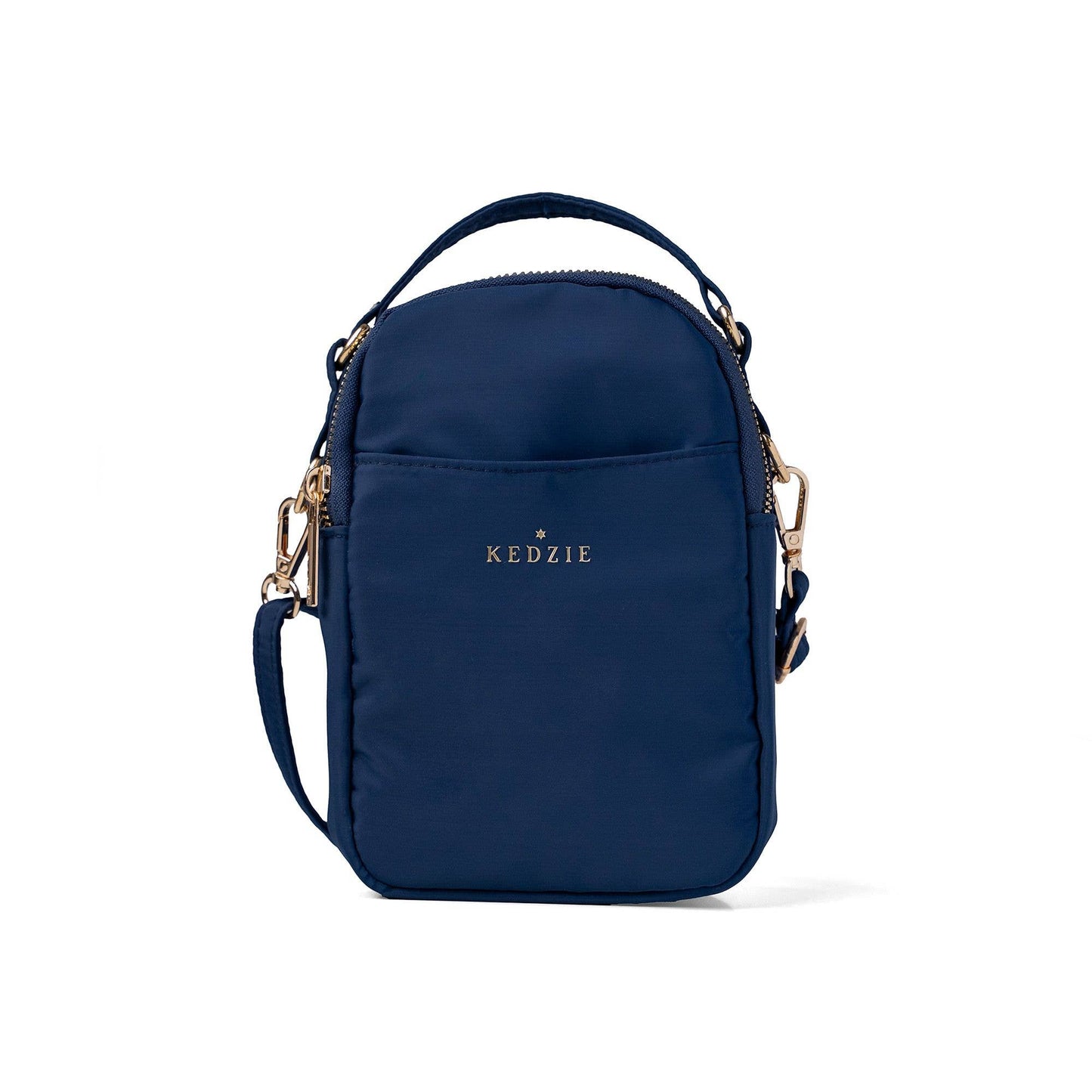 Navy blue crossbody bag with gold accents on a white background