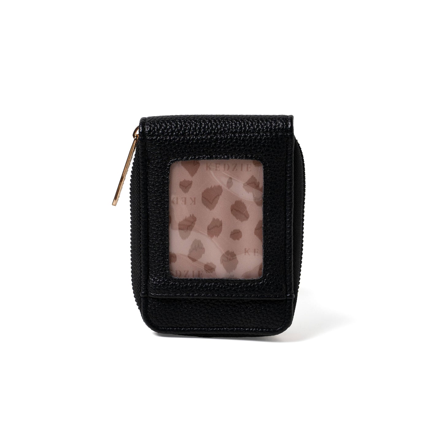 Black zippered case with a leopard print pattern on a white background