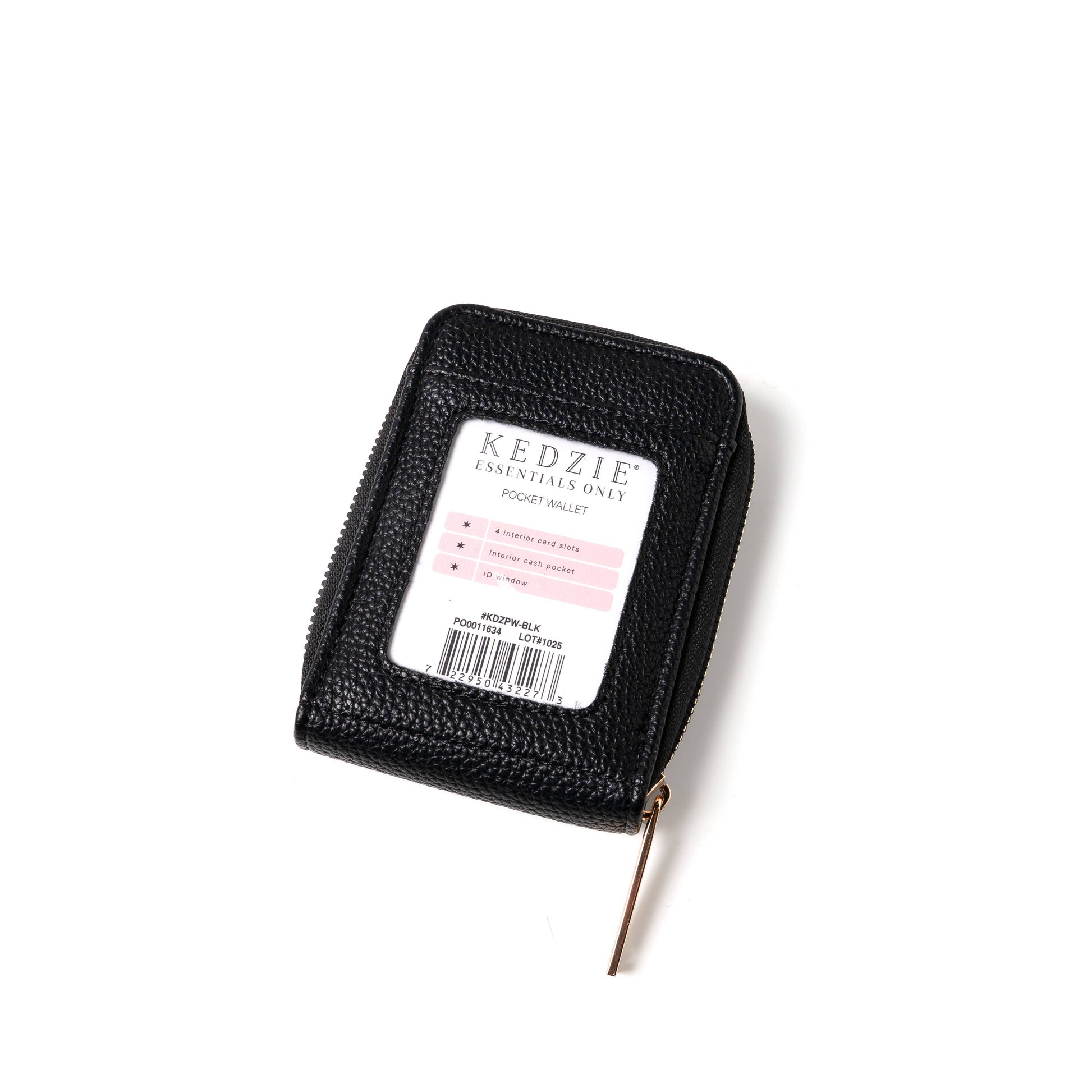 Black leather wallet with Kedzie label on a white background