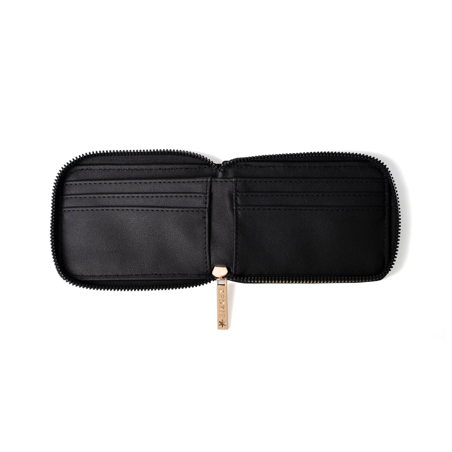 Black zippered wallet on a white background