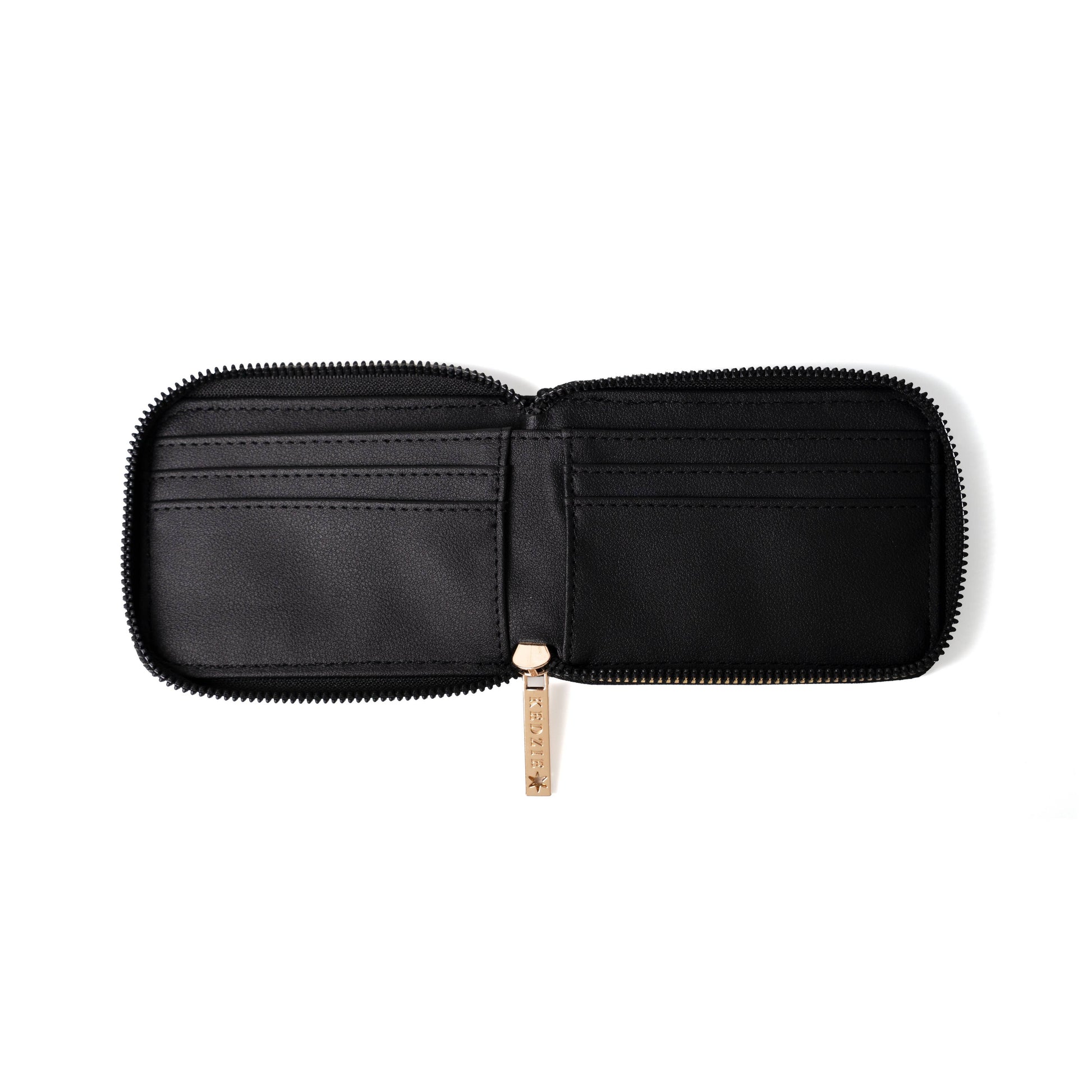 Black zippered wallet on a white background