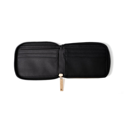 Black zippered wallet on a white background