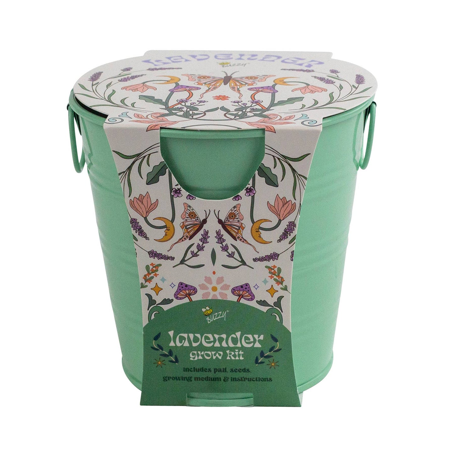 Green and white container with floral design on lid, featuring text 'Lavender grow kit'.