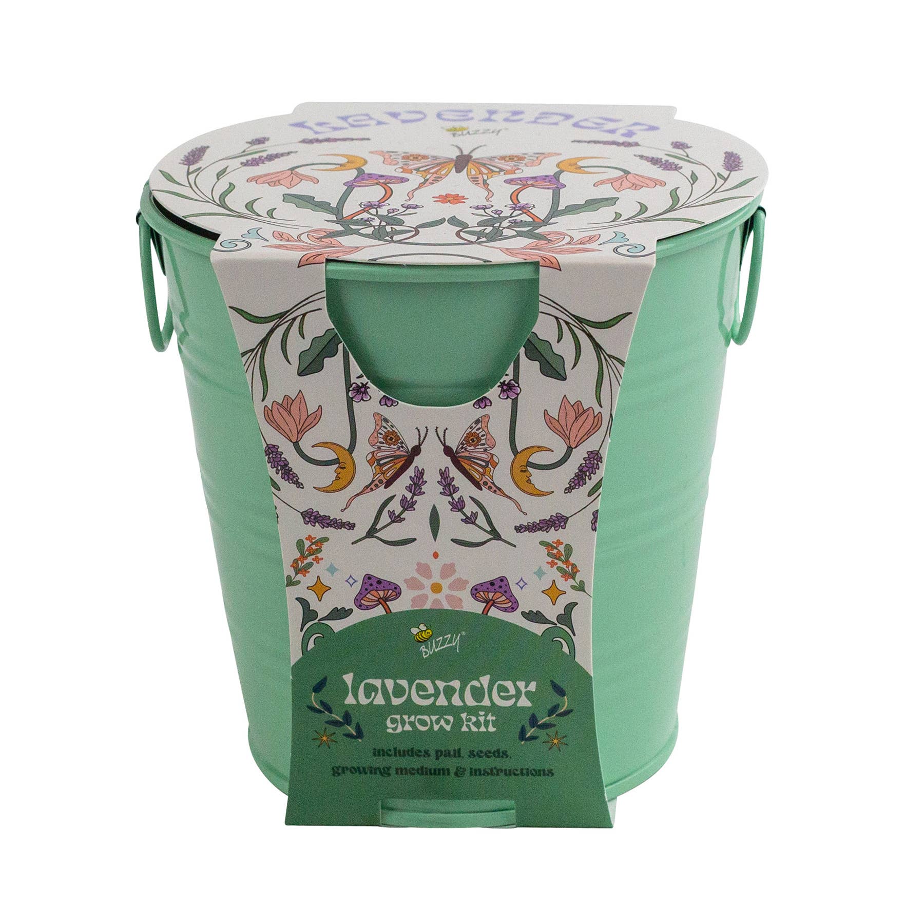 Green and white container with floral design on lid, featuring text 'Lavender grow kit'.