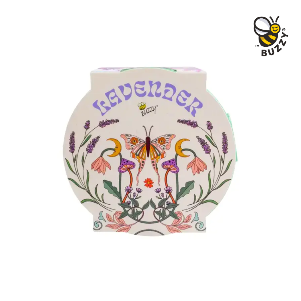 Round lavender product packaging with butterfly design and 'Buzzy' branding on a white background