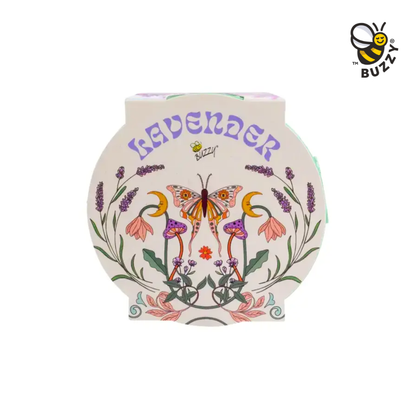 Round lavender product packaging with butterfly design and 'Buzzy' branding on a white background