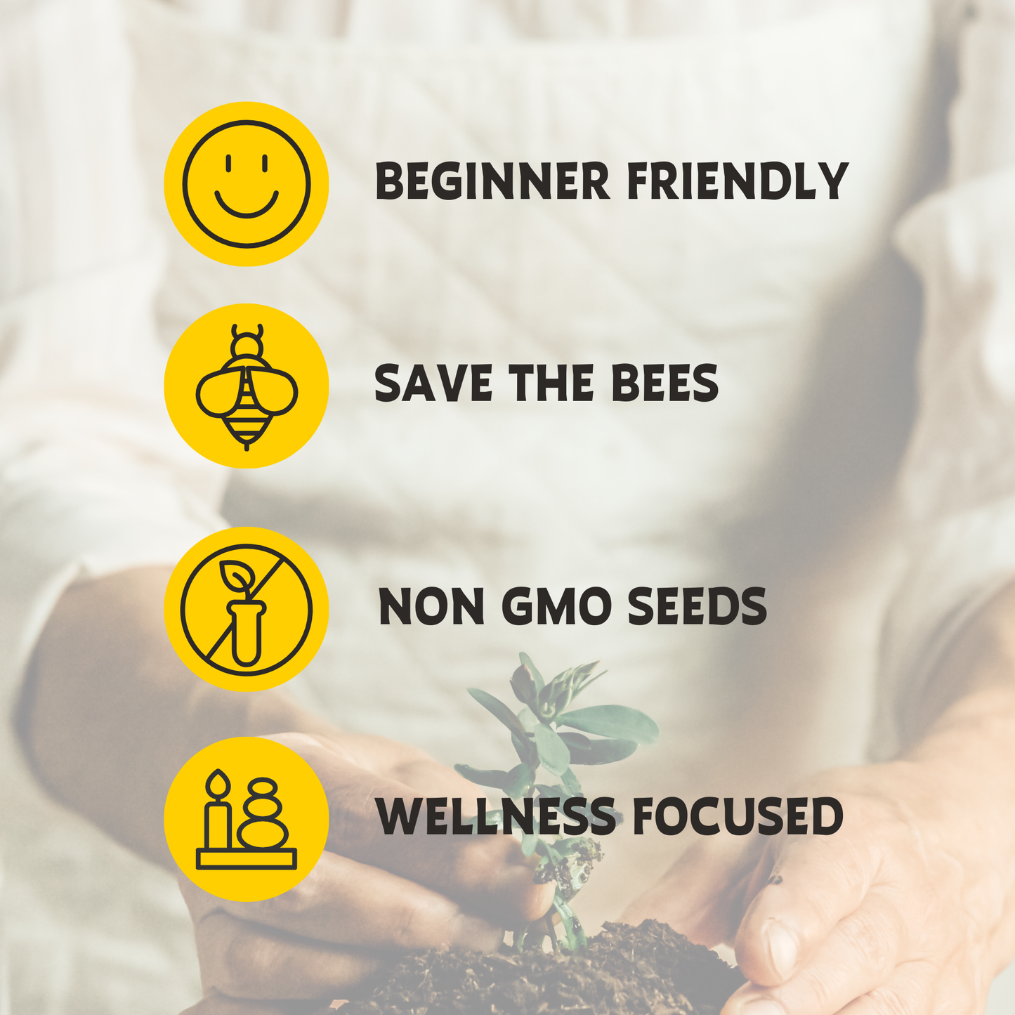Promotional graphic with icons and text about beginner-friendly, bee-saving, non-GMO seeds, and wellness-focused products.