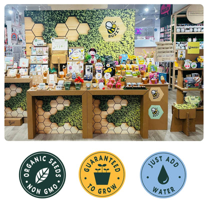 Product display with 'Buzzy' branding in a store setting, featuring promotional logos at the bottom.