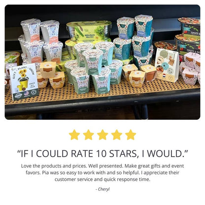 Assorted product packaging on a table with a five-star rating and customer review below.