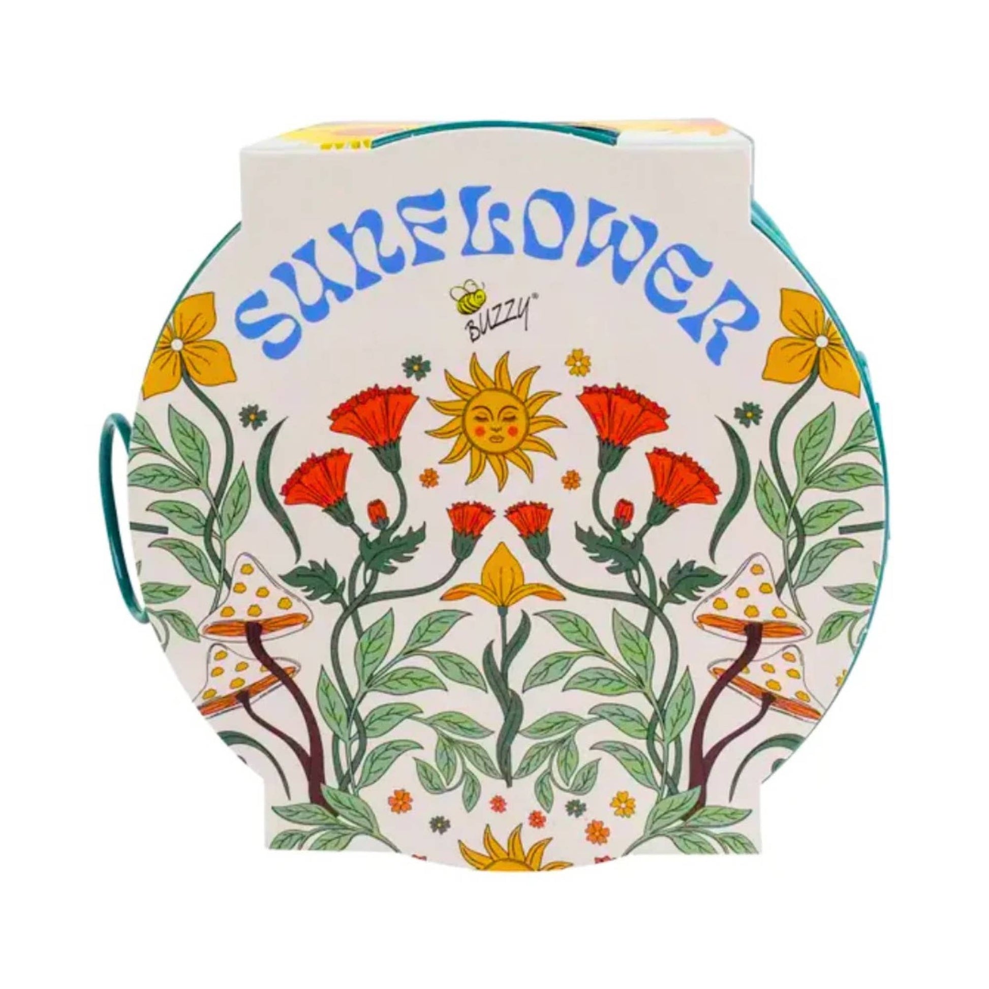 Decorative product with sunflower design and 'Buzzy' branding on a white background