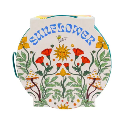 Decorative product with sunflower design and 'Buzzy' branding on a white background
