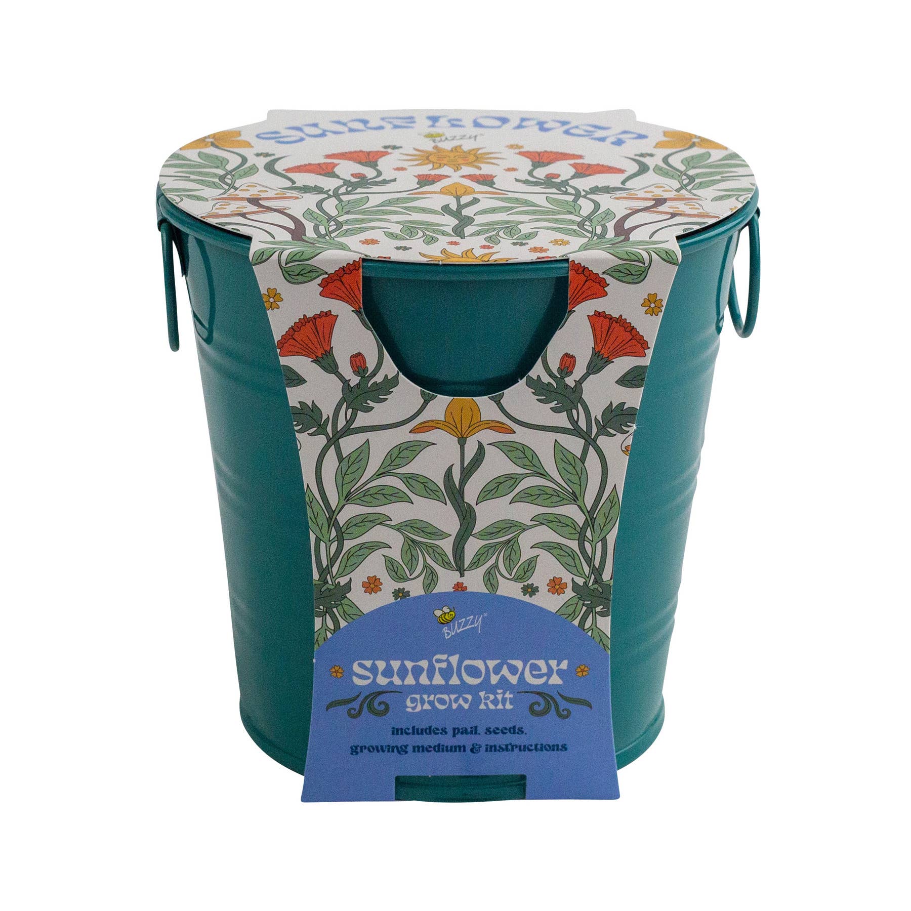 Teal grow kit container with floral design on a white background