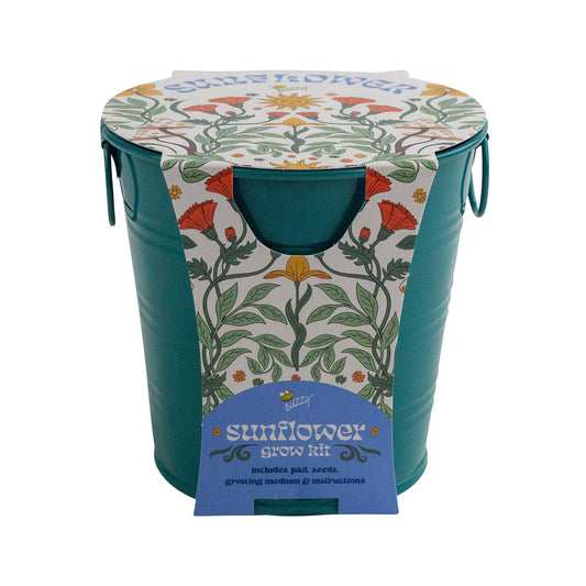 Teal grow kit container with floral design on a white background