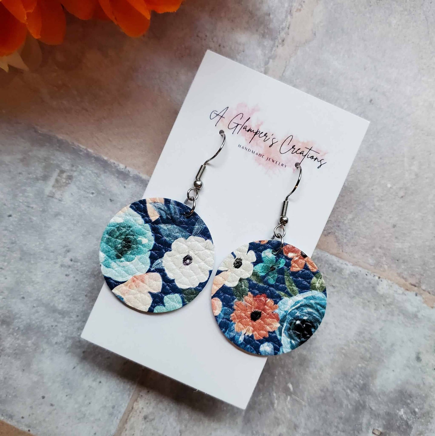 Blue Floral Circle Drops Leather Earrings