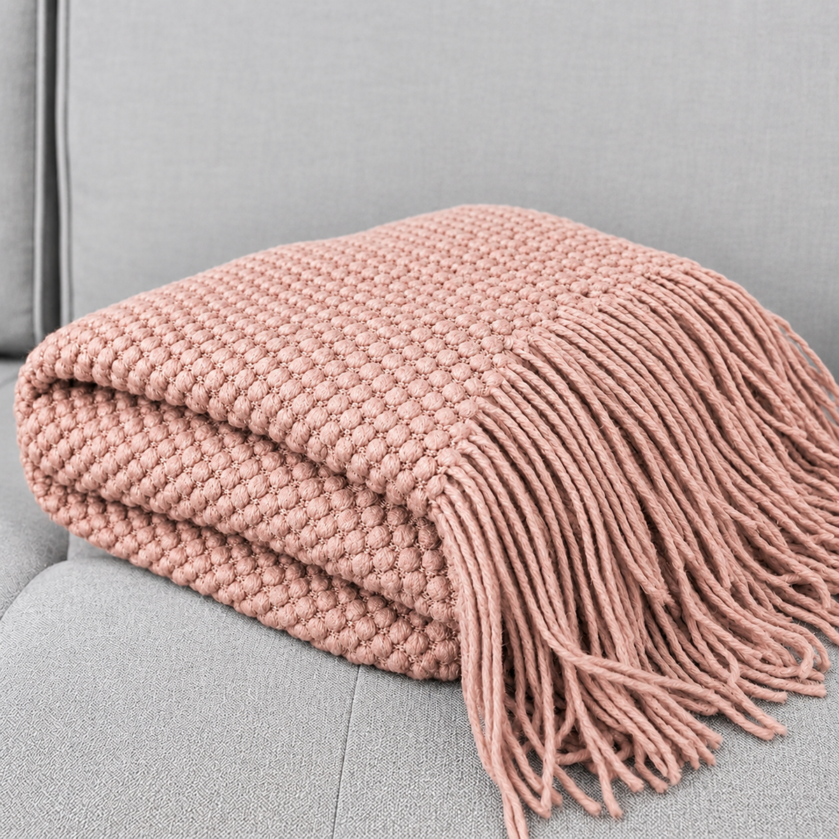 Knit Textured 50"x60" Throw Blanket with Fringe: Dusty Pink