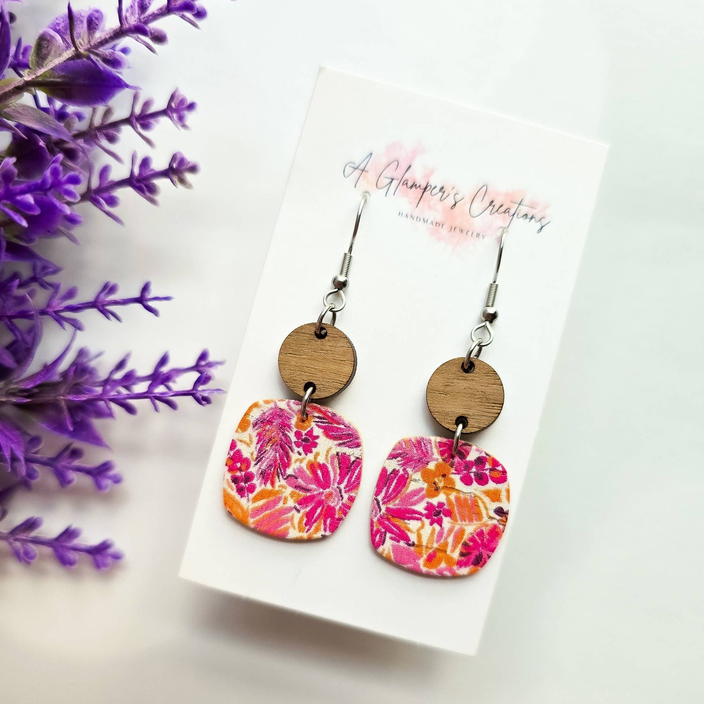 Pink & Orange Summer Floral Dangle Wood & Leather Earrings