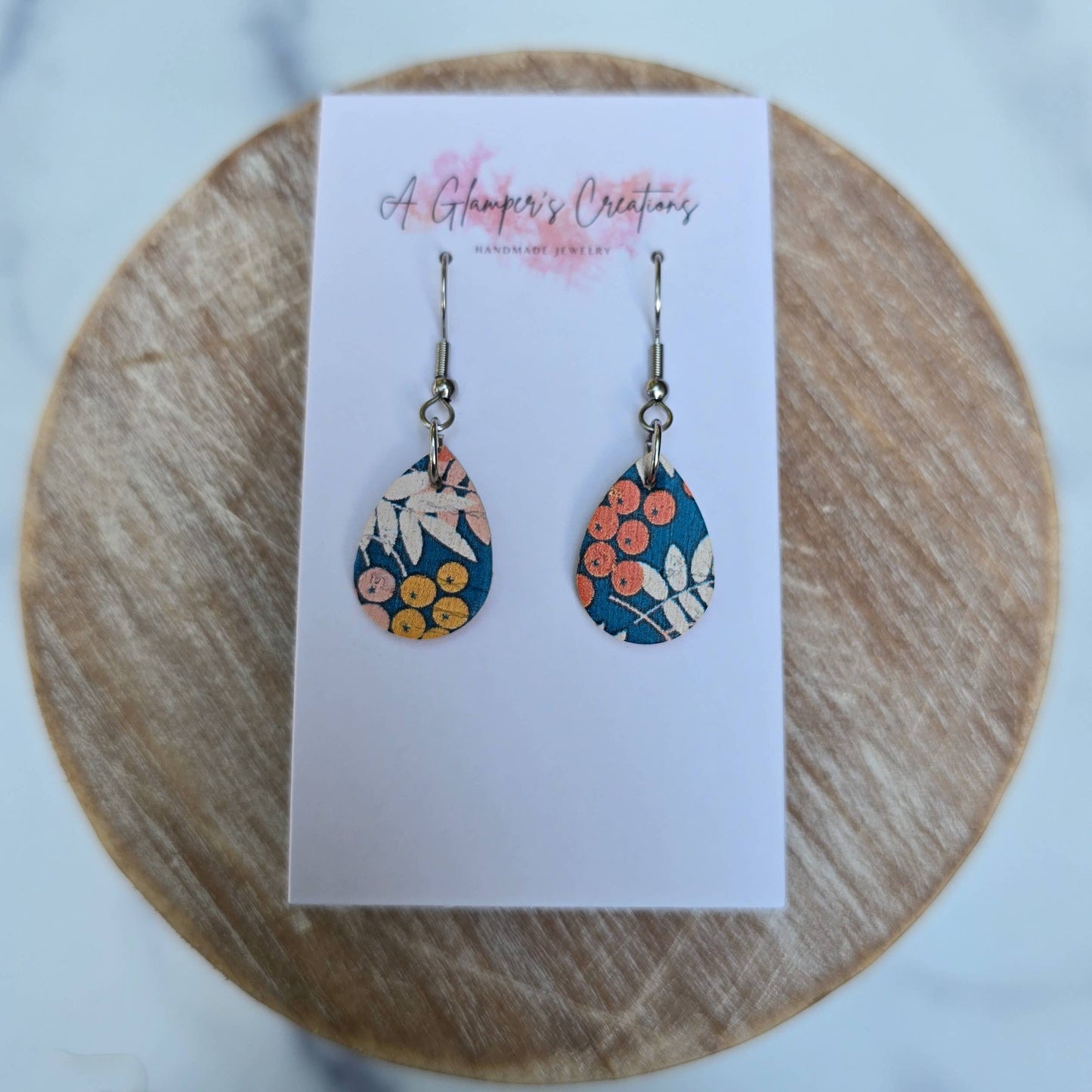 Orange & Blue Floral MINI Teardrop Leather Earrings
